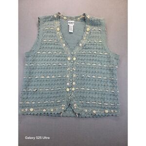 Womens Sweater Vest 1X Green Floral Crochet Vintage Ramie Koret Cottage READ